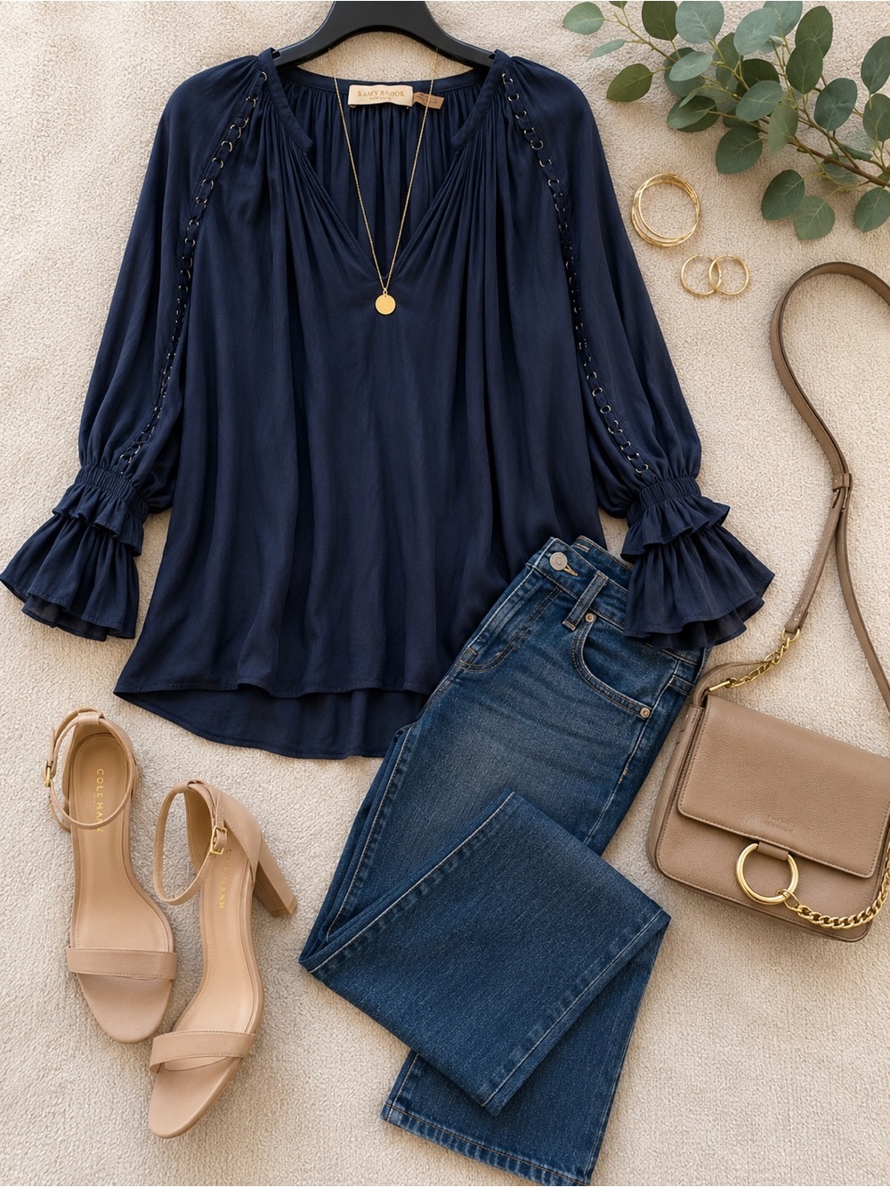Ramy Brook Navy V-Neck Lace-Up Ruffle-Sleeve Blouse